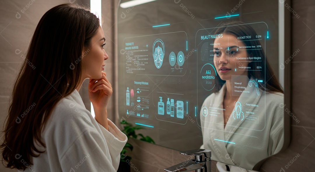 Mulher jovem usando tecnologias avançada de IA