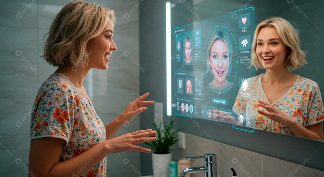 Mulher jovem usando tecnologias avançada de IA