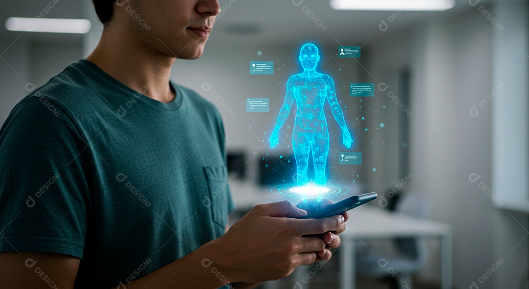 Homem jovem usando tecnologias avançada de IA