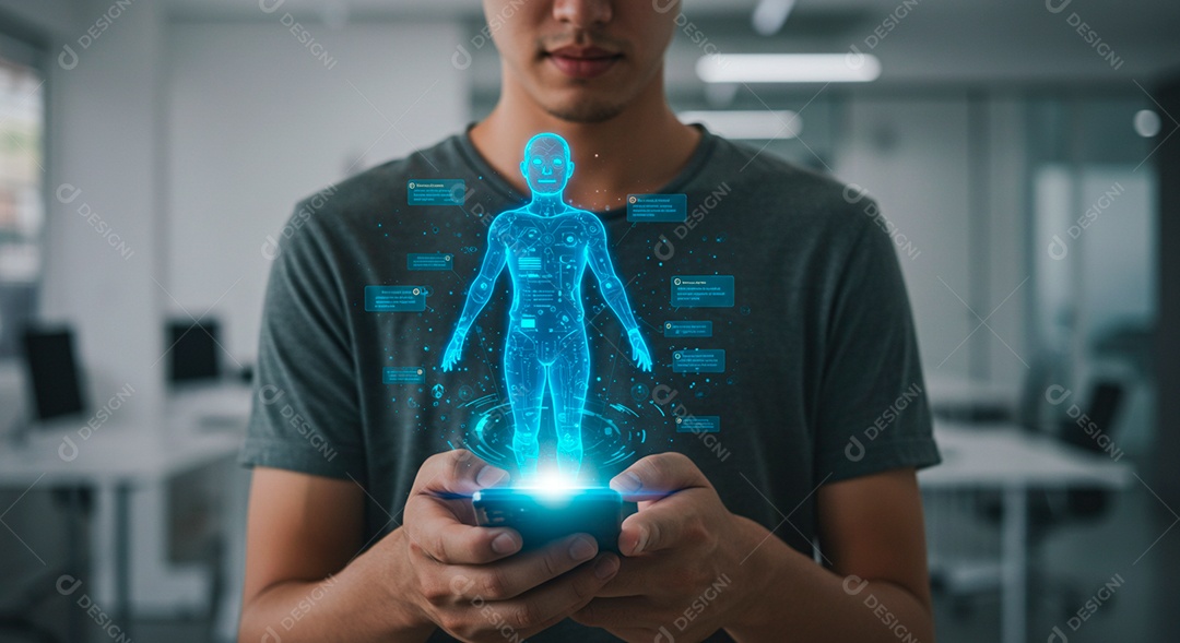 Homem jovem usando tecnologias avançada de IA