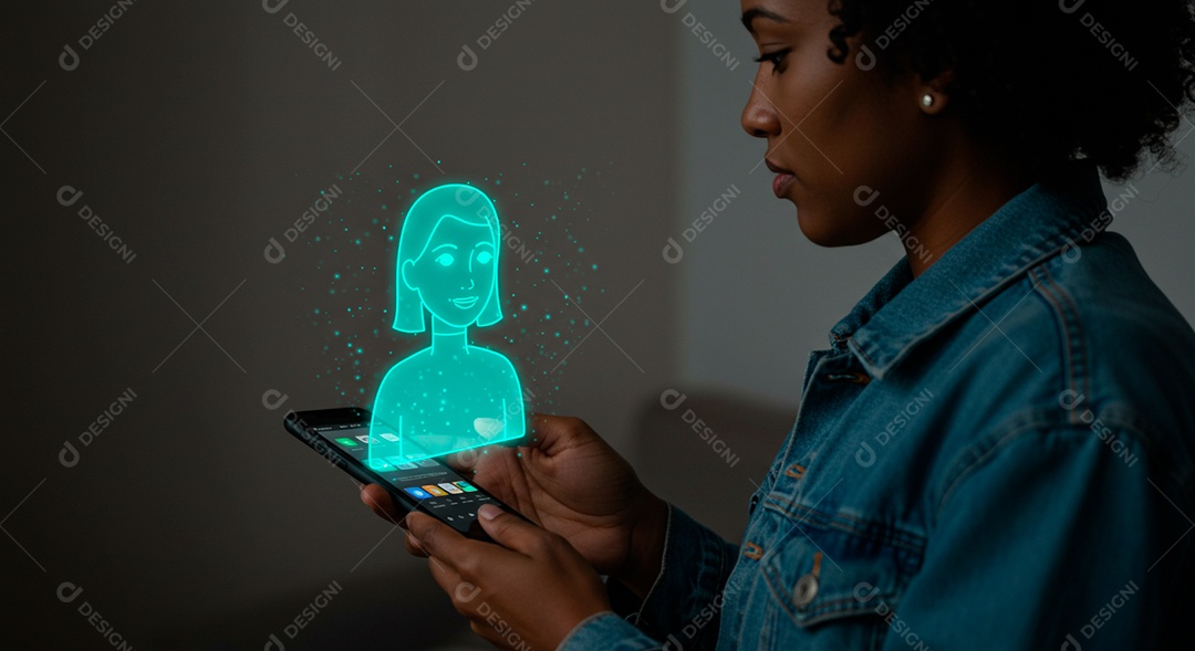 Mulher jovem negra usando tecnologias avançada de IA