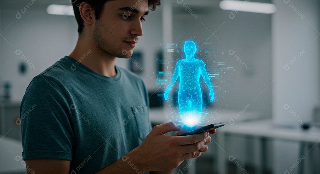 Homem jovem usando tecnologias avançada de IA