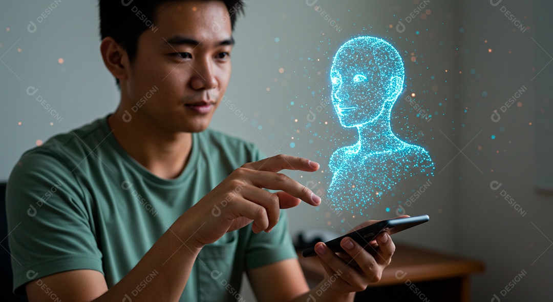 Homem jovem usando tecnologias avançada de IA