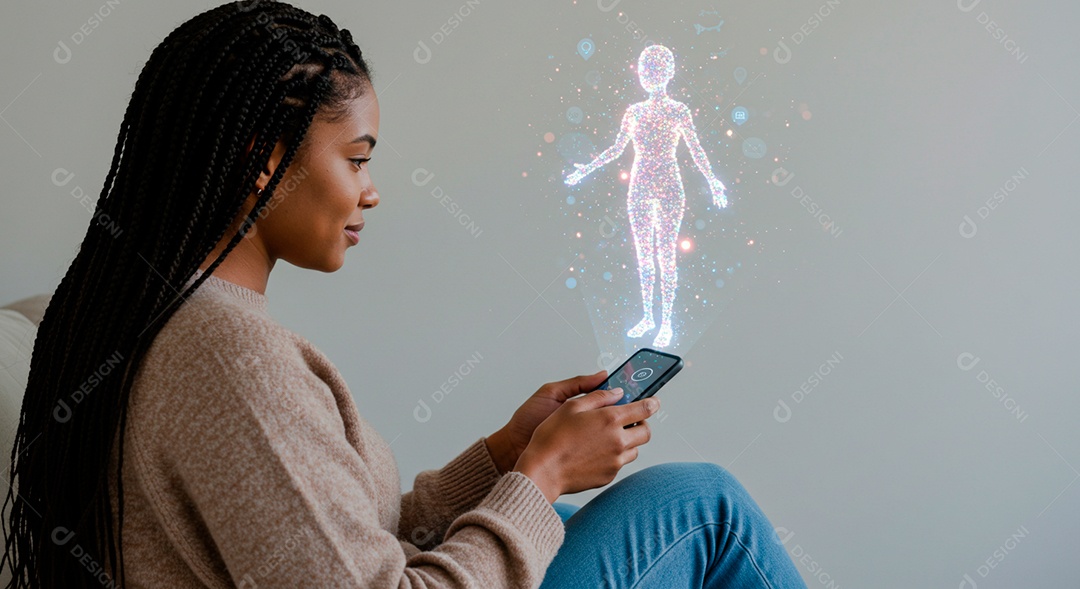 Mulher jovem usando tecnologias avançada de IA