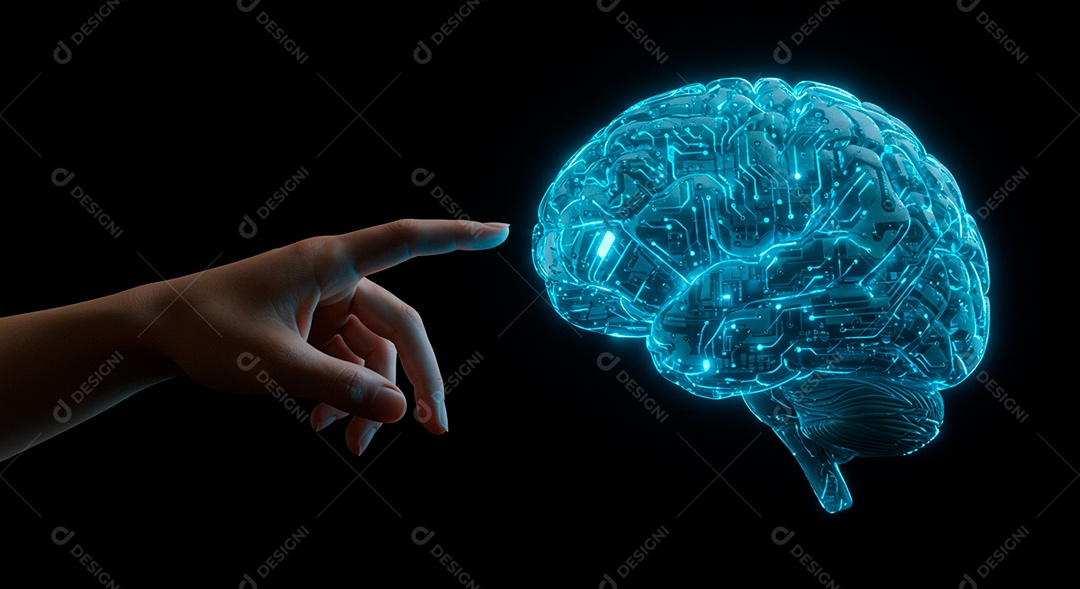 Retrato realista mão pessoa tocando em linhas em formato de cérebro