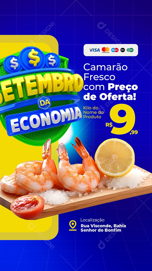 Story Setembro da Economia Supermercado Camarão Fresco Social Media PSD Editável