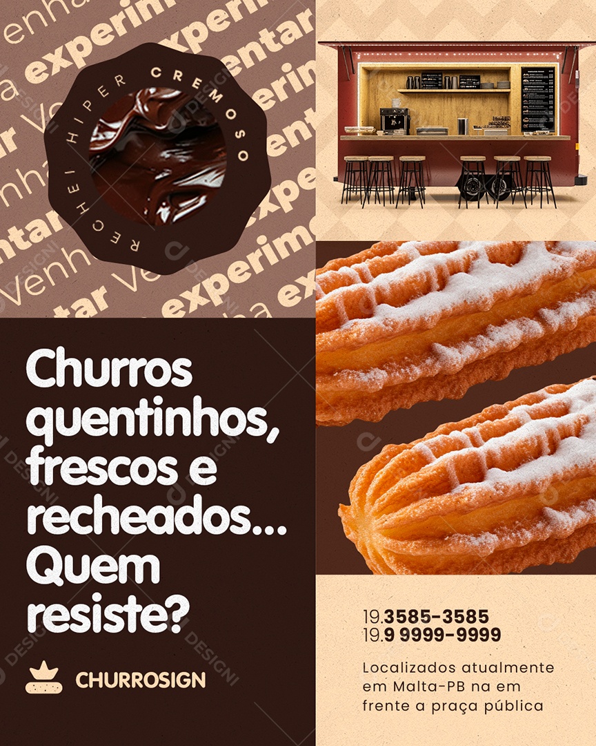 Lanche Churros Queninhos Frescos e Recheados Social Media PSD Editável