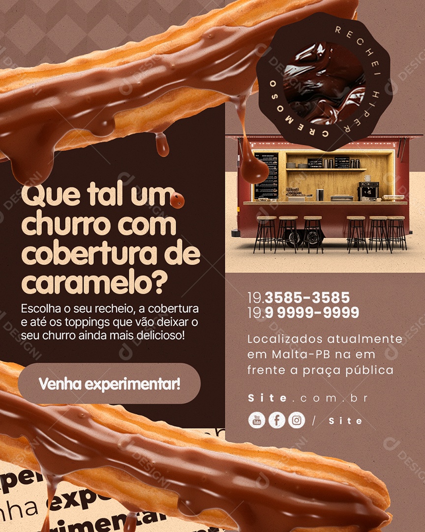 Churros Lanche Que Tal um Churro com Cobertura de Caramelo Social Media PSD Editável
