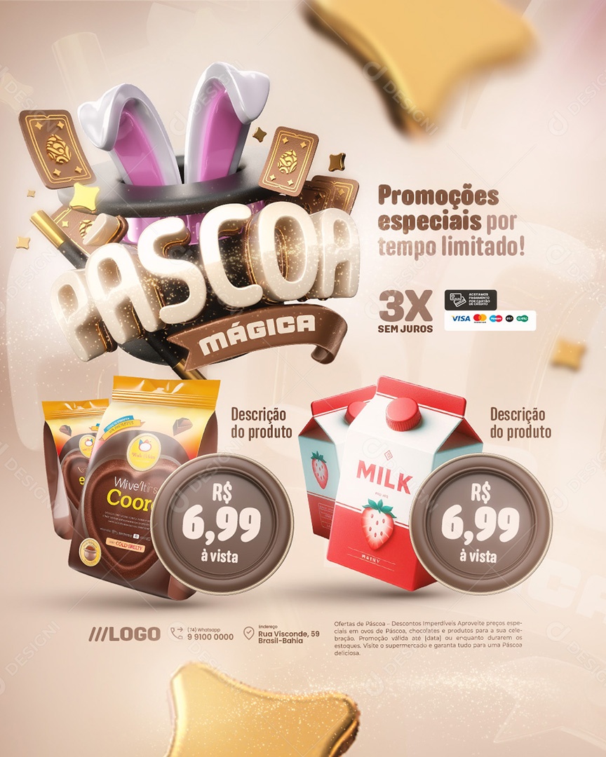 Páscoa Mágica Supermercado Promoções Especiais Caixa de Leite Social Media PSD Editável