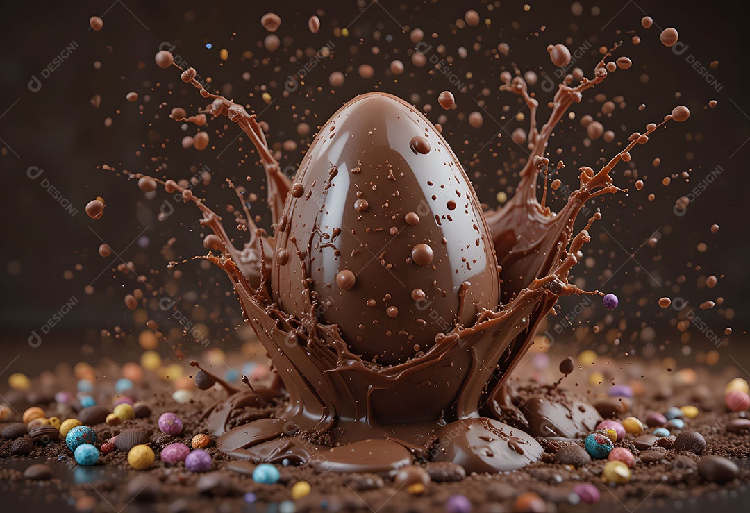 Ovos de chocolate com bolinhas coloriddas e calda