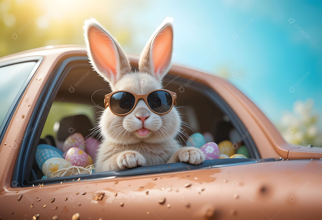 Coelhinho fofo da páscoa usando óculos escuros em carro cheio de ovos de chocolate