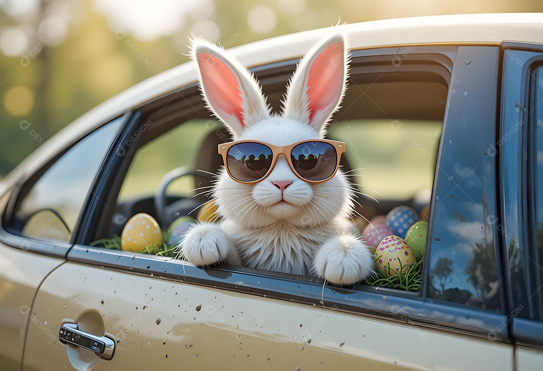 Coelhinho fofo da páscoa usando óculos escuros em carro cheio de ovos de chocolate