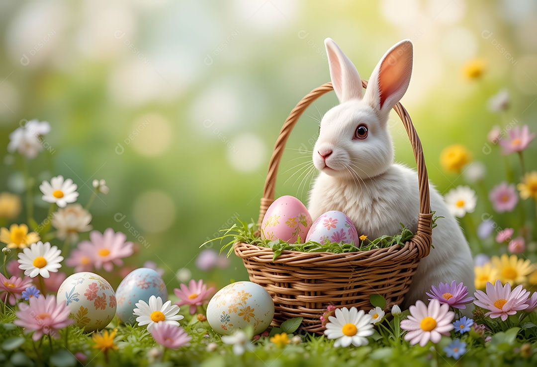 Banner de páscoa com um coelho e uma cesta de ovos coloridos pintados