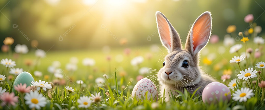 Banner de páscoa com um coelho e uma cesta de ovos coloridos pintados