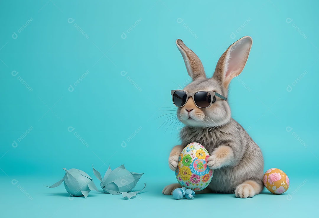 Um coelhinho da páscoa usando óculos escuros segurando ovos coloridos