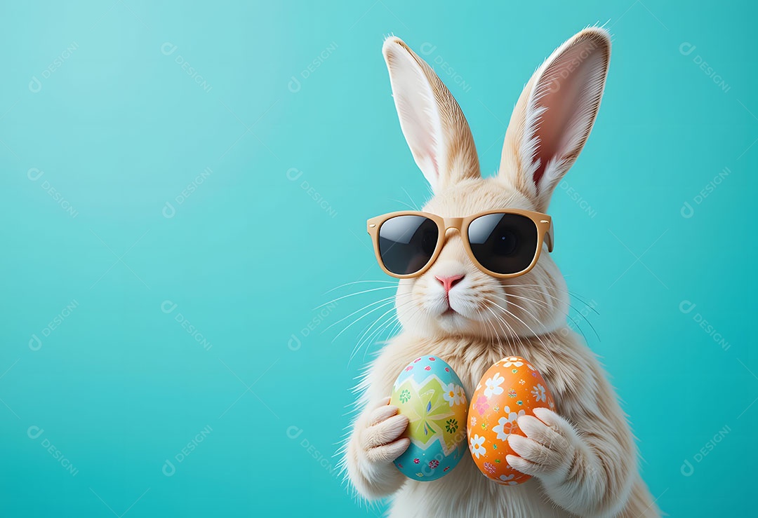 Um coelhinho da páscoa usando óculos escuros segurando ovos coloridos