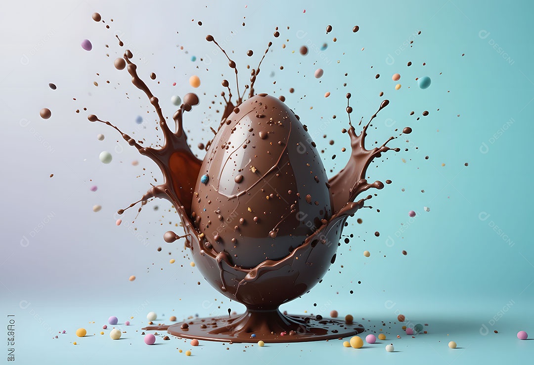 Ovo de chocolate com bolinhas coloridas sobre fundo azul