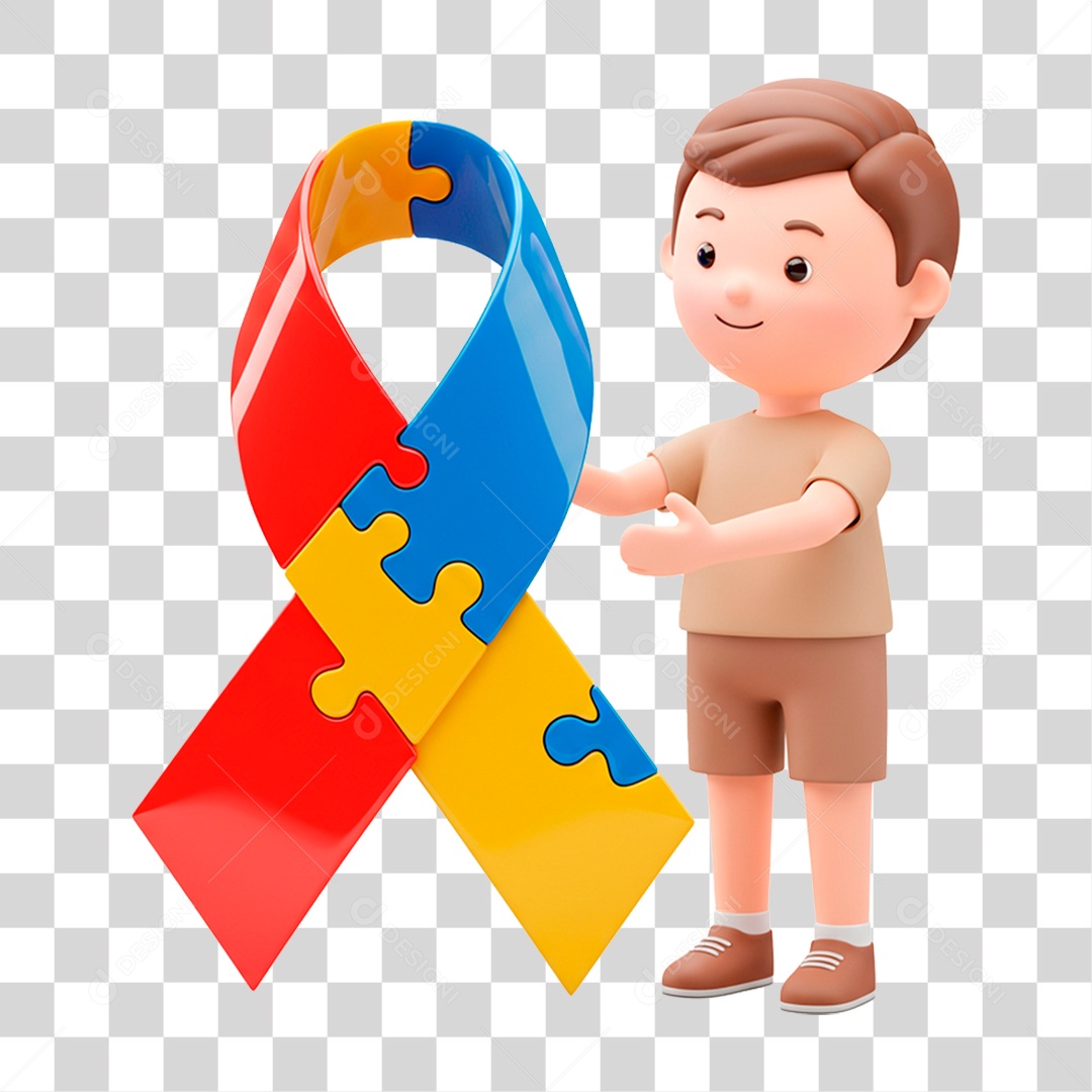 Garoto Segurando Fita com as Cores do Autismo PNG Transparente