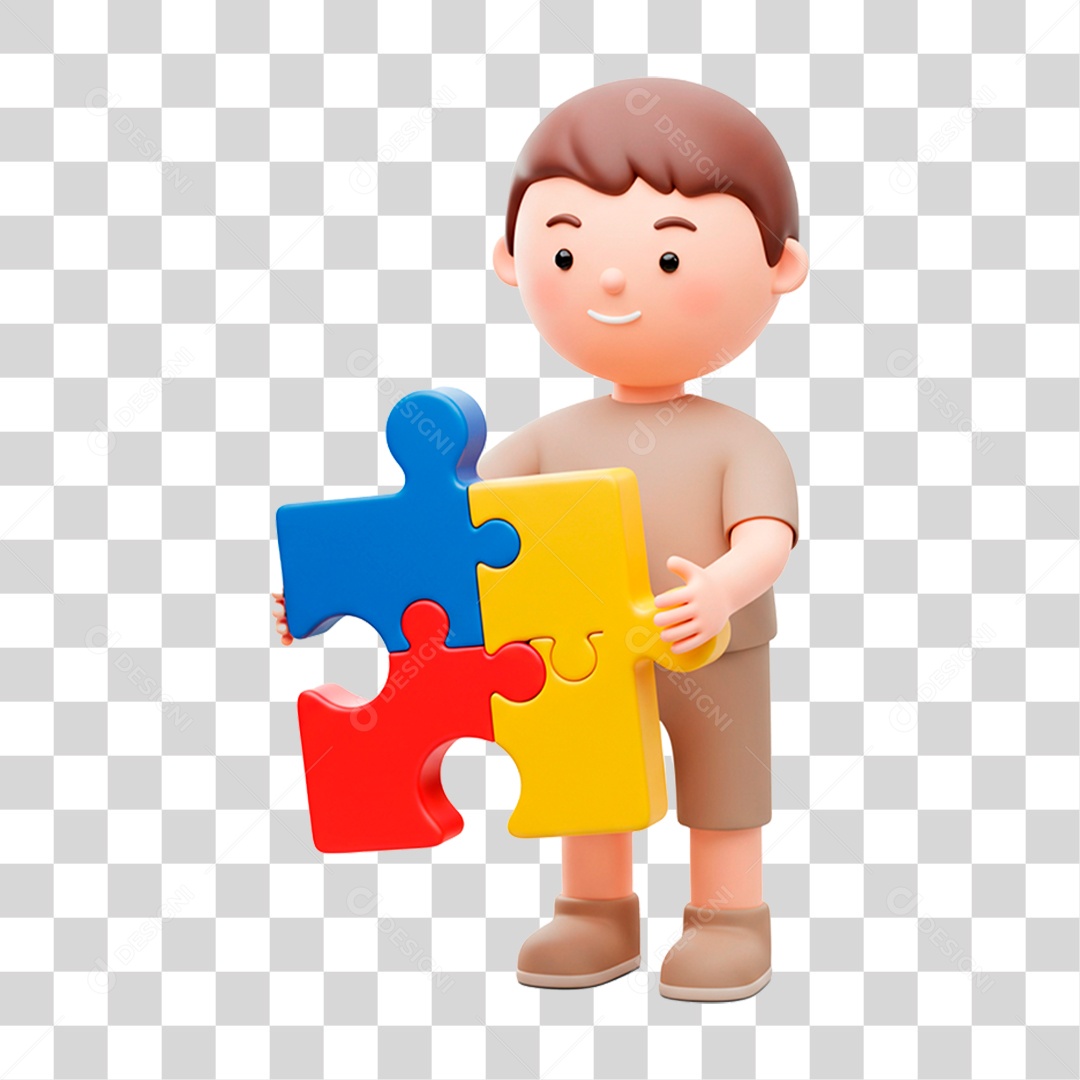 Garoto Segurando Quebra Cabeça com as Cores do Autismo PNG Transparente