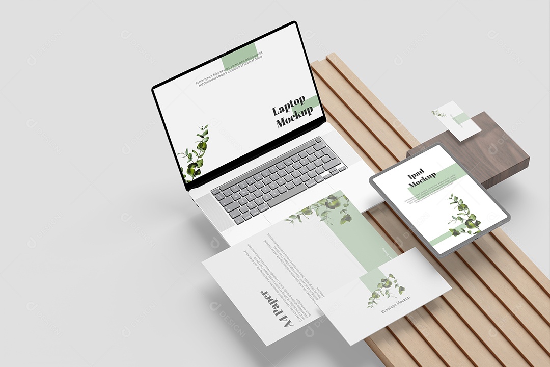 Mockup Folheto e Notebook na Mesa Madeira PSD Editável