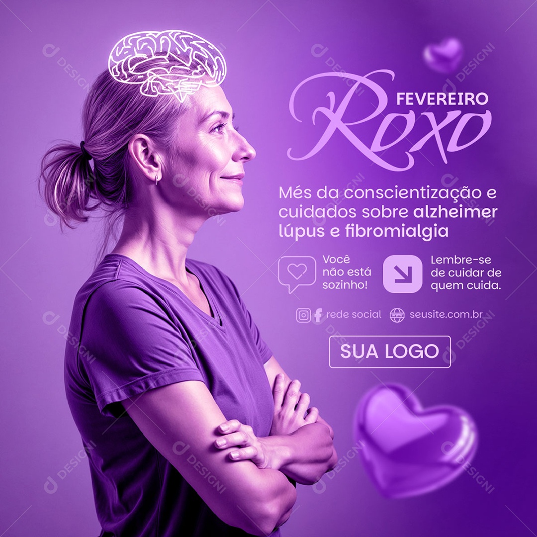 Feed Fevereiro Roxo Mês de Apoiar e Conscientização e Cuidados Social Media PSD Editável