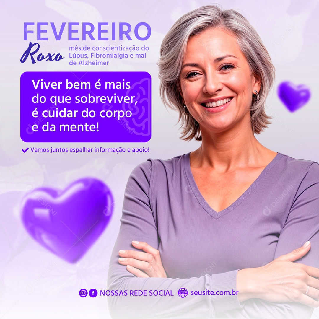 Feed Fevereiro Roxo Cuidar do Corpo e Mente Social Media PSD Editável
