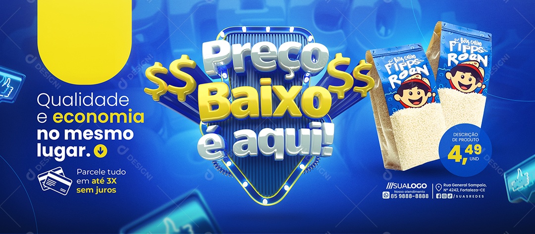 Banner Supermercado Preço Baixo é Aqui Économia Social Media PSD Editável