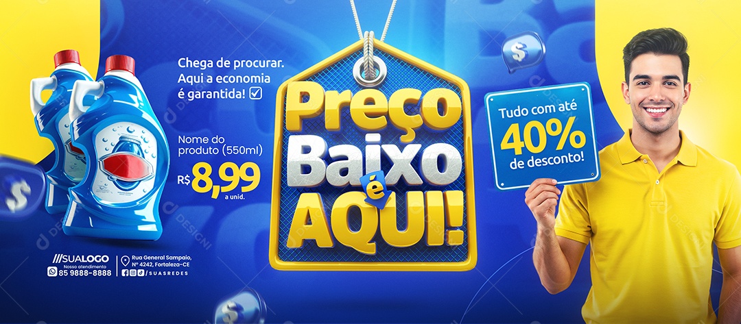 Banner Supermercado Preço Baixo é Aqui Produtos de Limpeza Social Media PSD Editável
