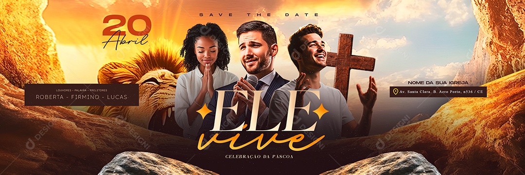 Carrossel Flyer Gospel Ele Vive Celebração da Páscoa Social Media PSD Editável