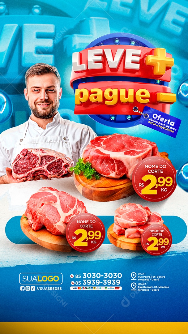 Story Supermercado Leve Mais Pague Menos Carnes Oferta Social Media PSD Editável