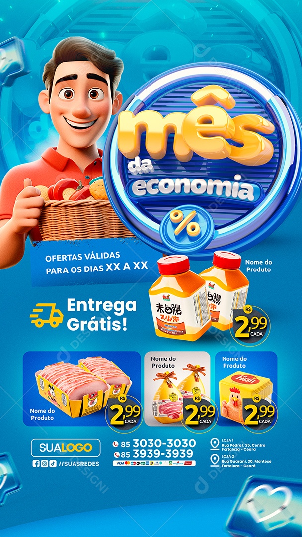 Story Supermercado Mês da Economia Entrega Grátis Social Media PSD Editável