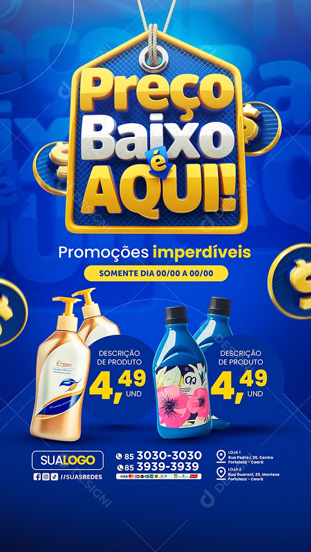 Story Supermercado Preço Baixo é Aqui Produtos de Limpeza Social Media PSD Editável