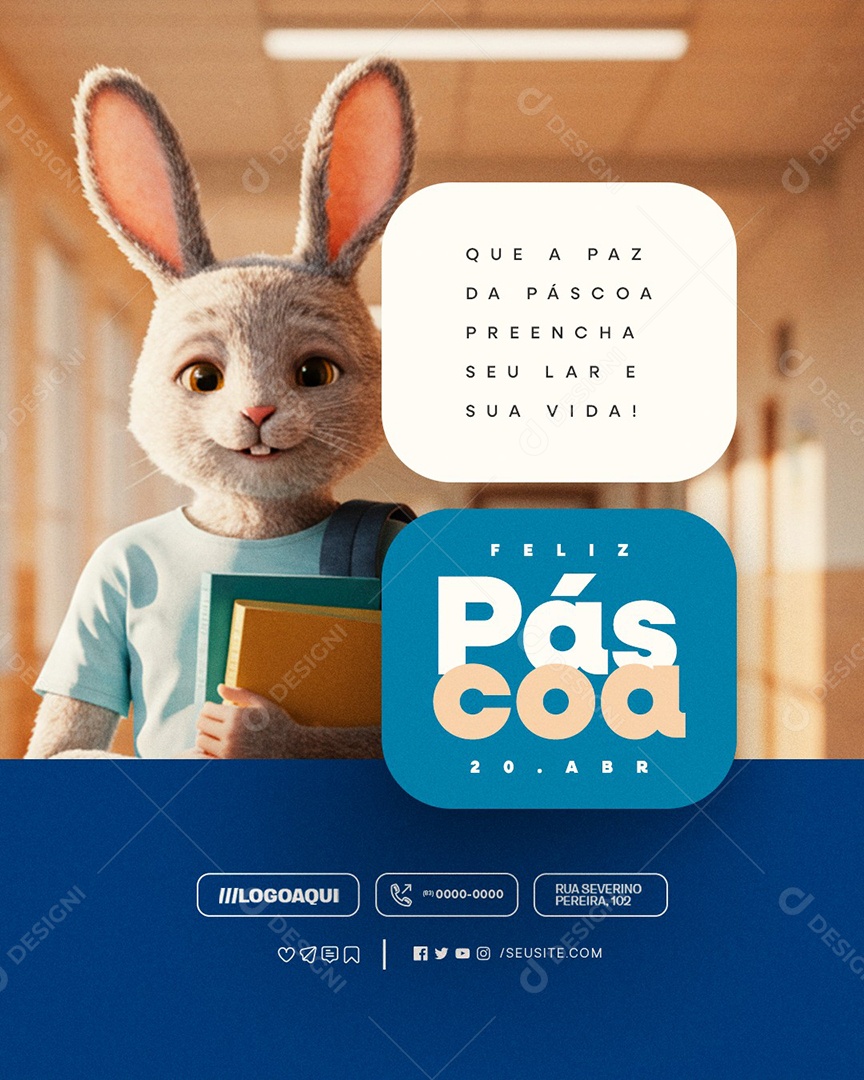 Feliz Páscoa 20 de Abril Escola Colégio Social Media PSD Editável
