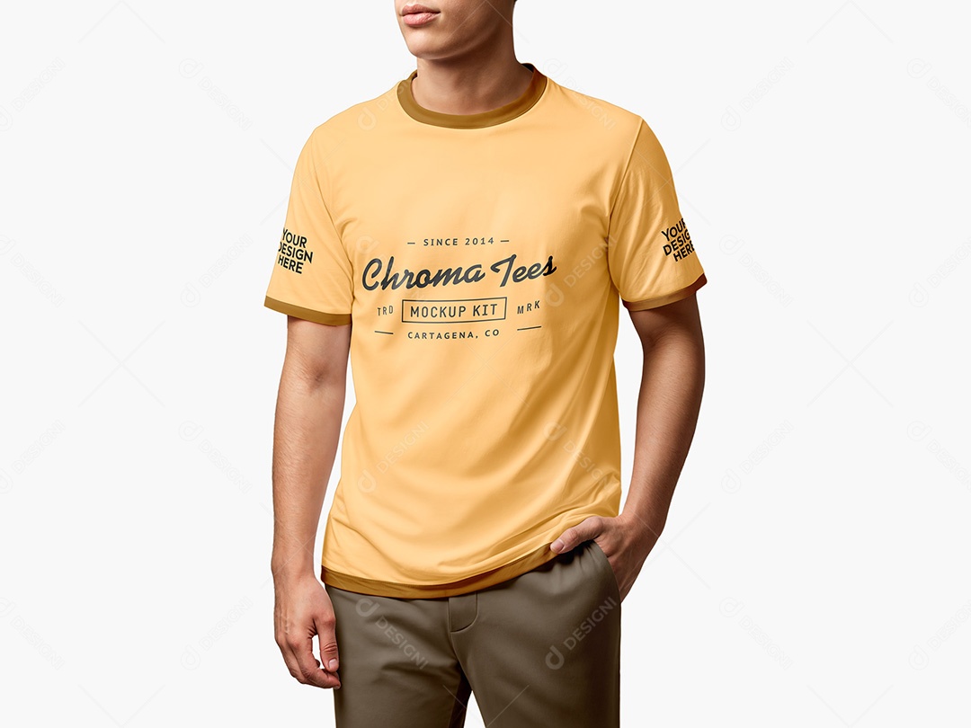 Homem com Camiseta e Mão no Bolso da Calça Mockup PSD Editável