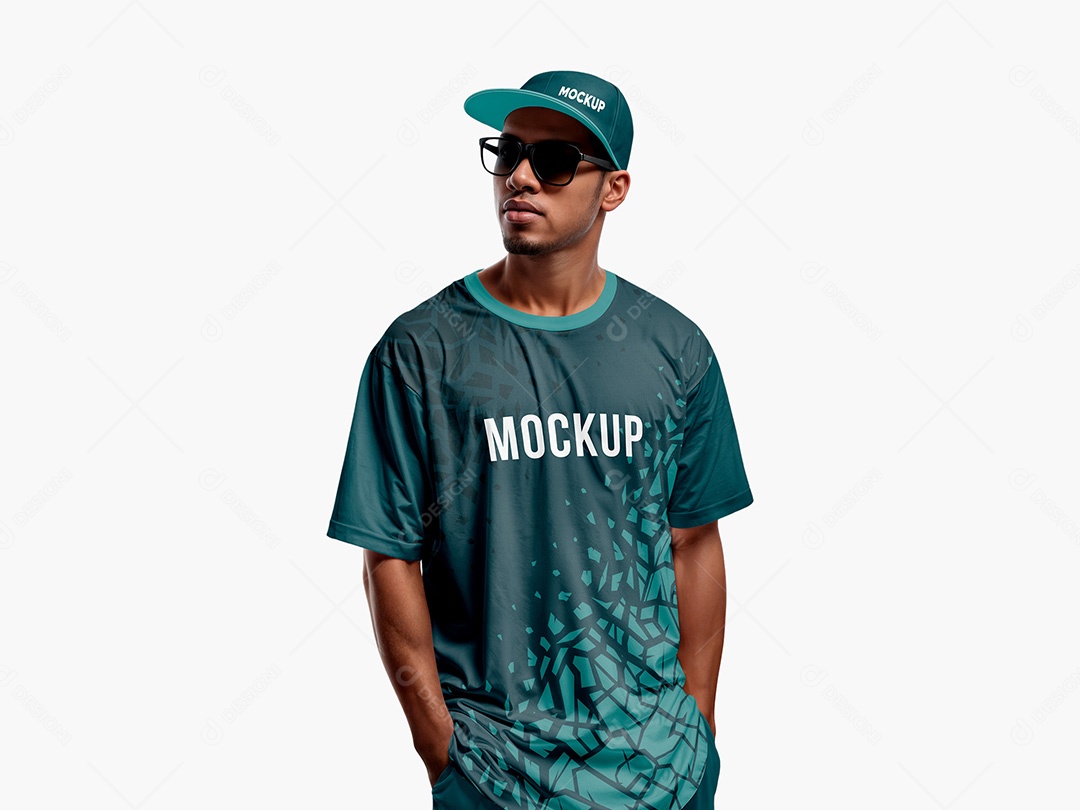 Homem com Camiseta e Óculos de Sol Mockup PSD Editável