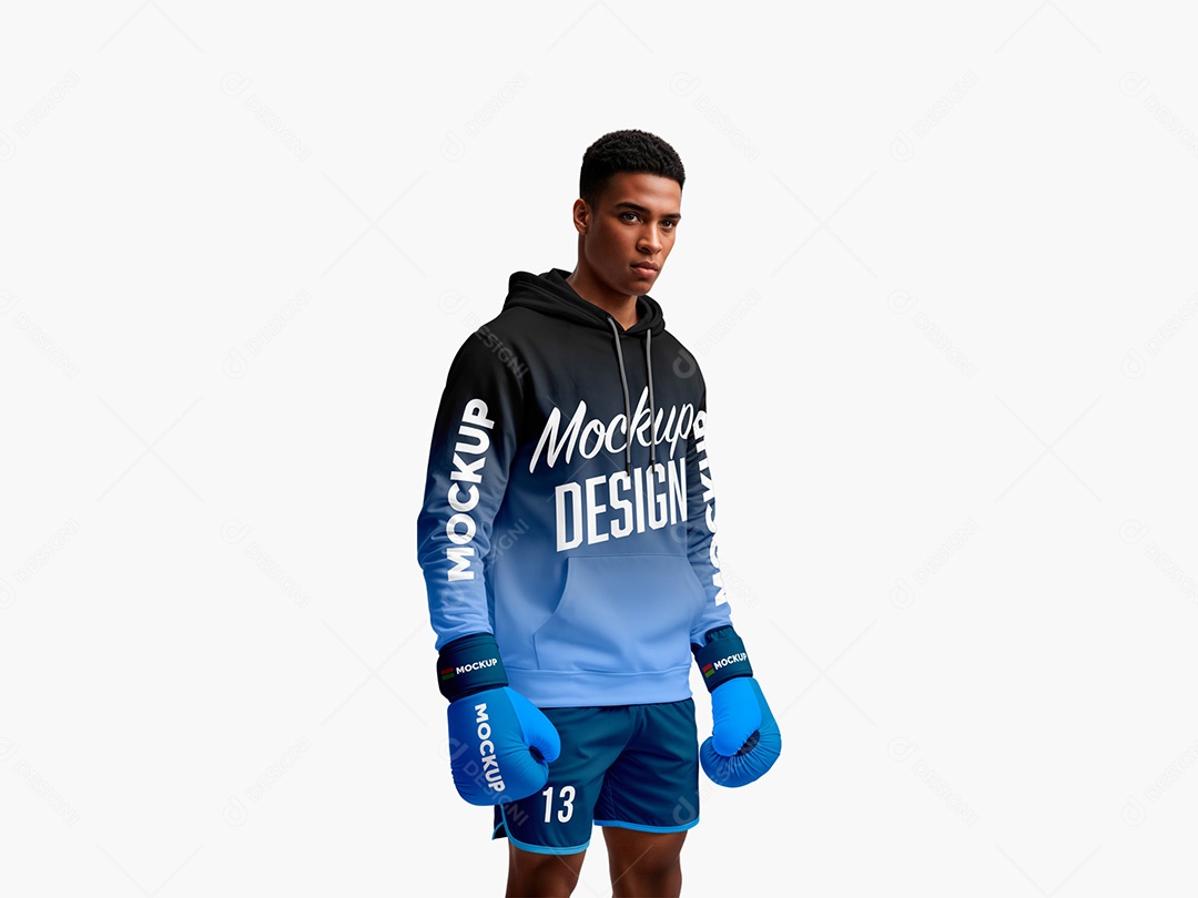 Homem com Moletom e Luvas de Boxe Mockup PSD Editável