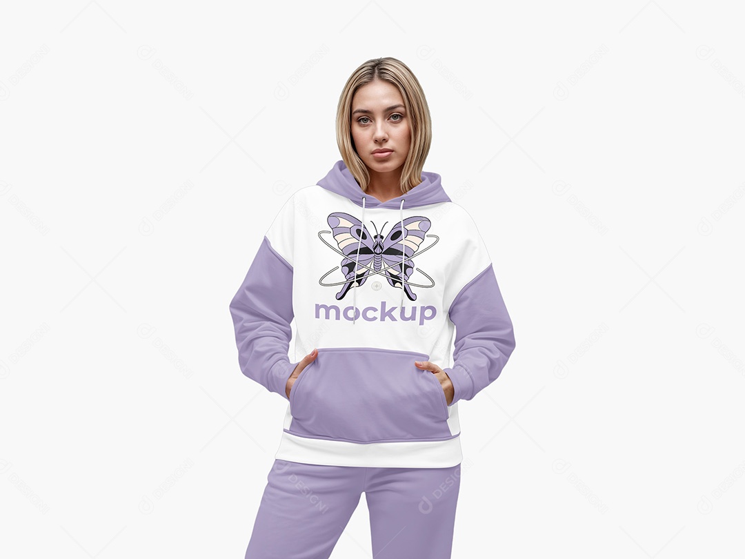 Mulher com Moletom e Mãos no Bolso Mockup PSD Editável