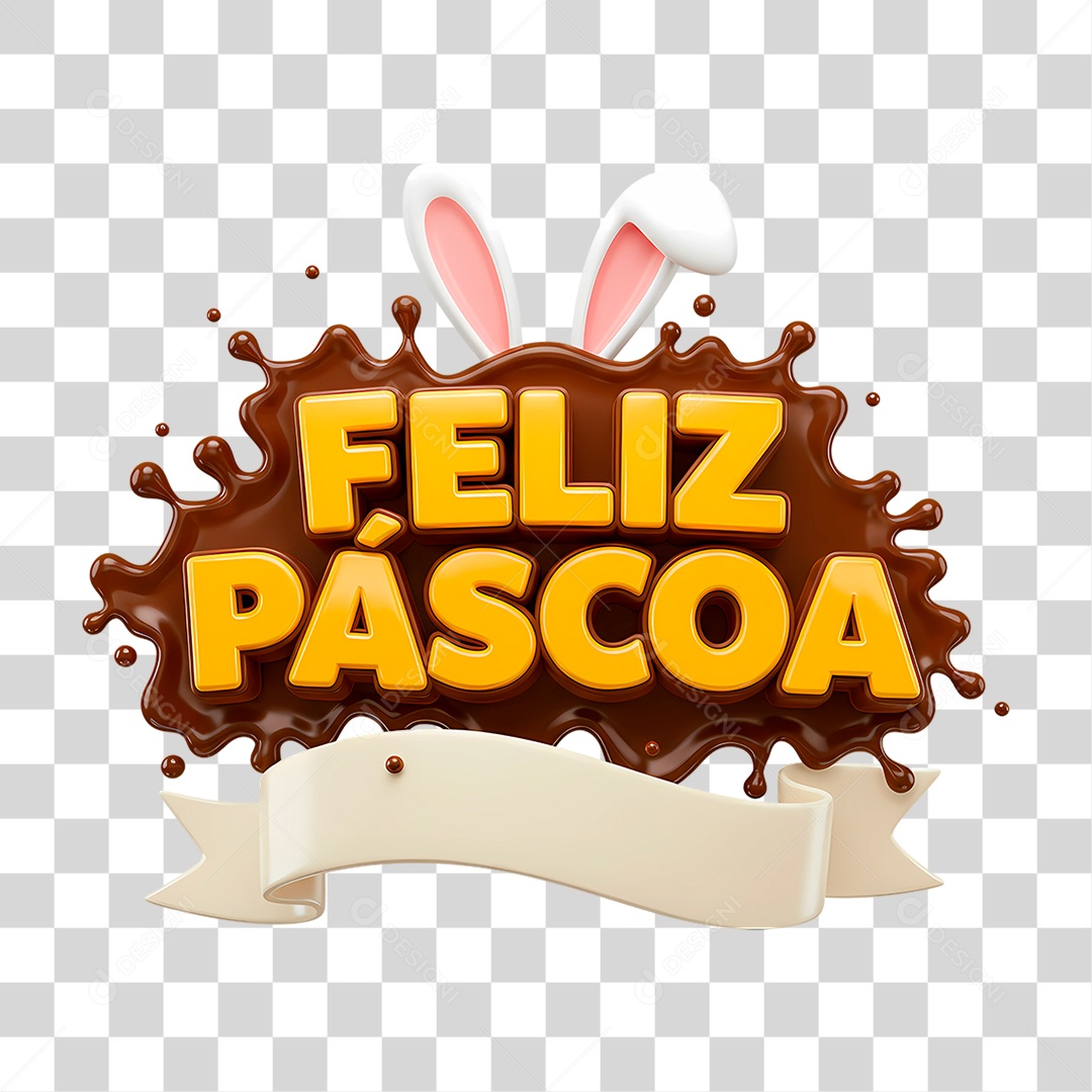Selo 3D Feliz Páscoa Chocolate PNG Transparente