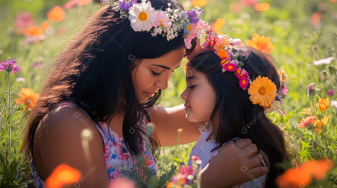 Linda mãe jovem ao lado de sua filha sobre lindo campo