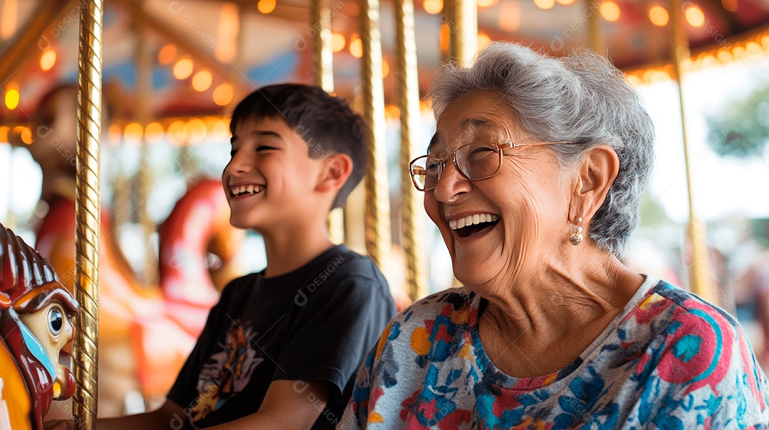 Mãe idosa ao lado de seu filho se divertindo sobre carrossel parque de diversão