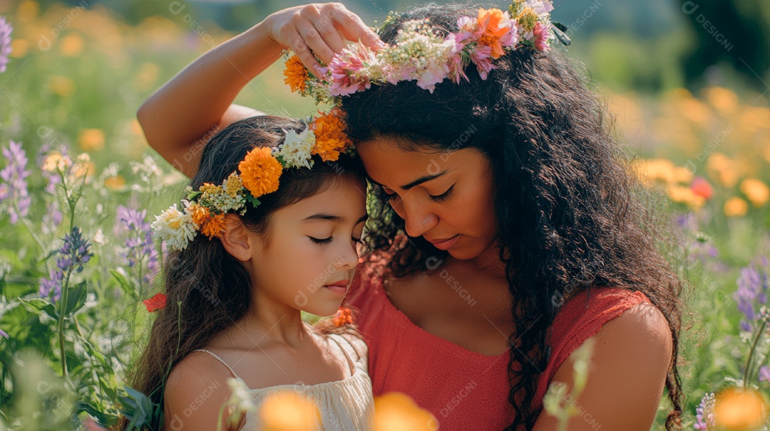 Linda mãe jovem ao lado de sua filha sobre lindo campo