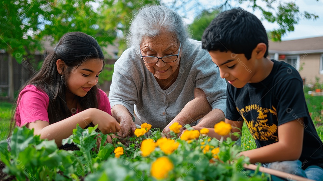 Mãe idosa ao lado de seus filhos sobre fazenda plantando mudas