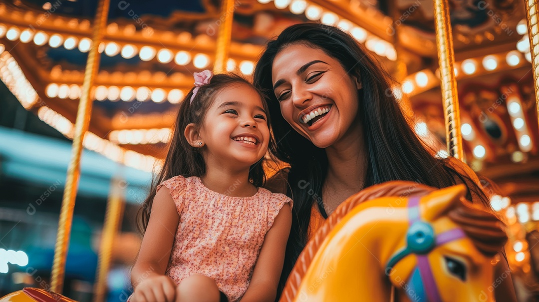 Linda mãe jovem ao lado de sua filha se divertindo sobre parque de diversão