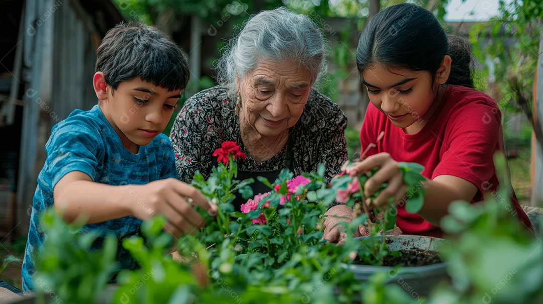 Mãe idosa ao lado de seus filhos sobre fazenda plantando mudas