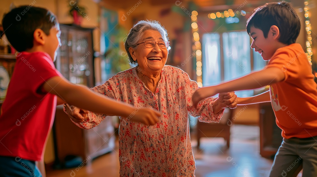 Mãe idosa ao lado de seus filhos brincando