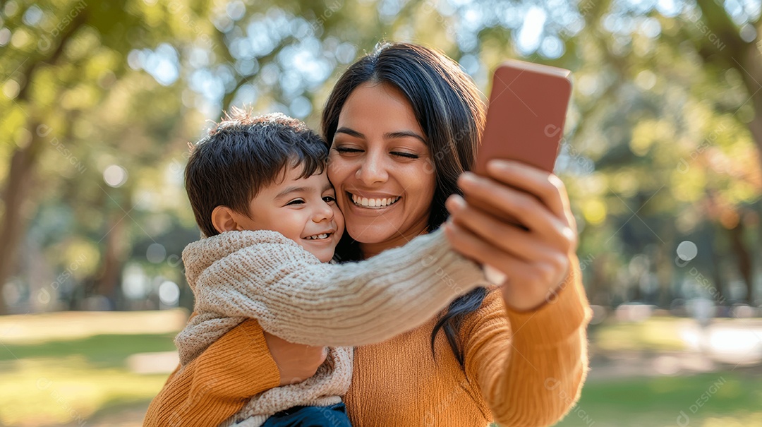 Linda mãe jovem ao lado de seu filho sobre parque