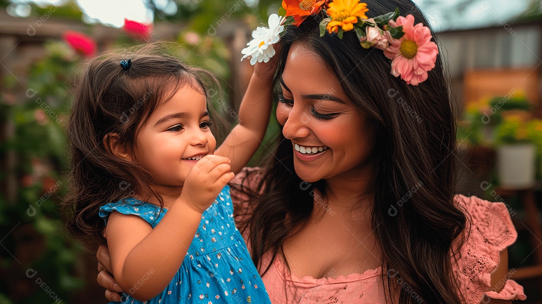 Linda mãe jovem ao lado de sua filha