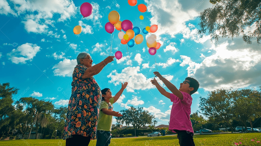 Mãe idosa sobre parque brincando com seus filhos sobre parque