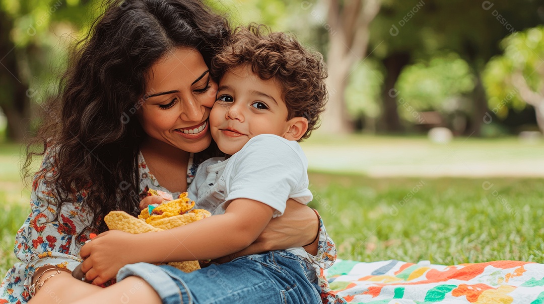 Linda mãe jovem ao lado de seu filho sobre parque