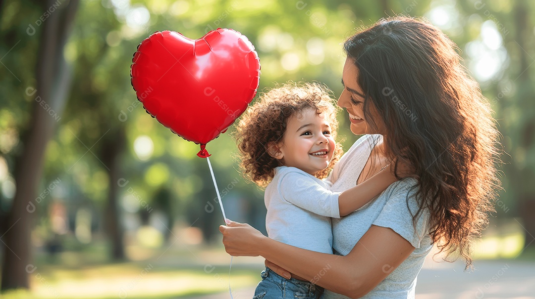 Linda mãe jovem ao lado de sua filha segurando balão vermelho